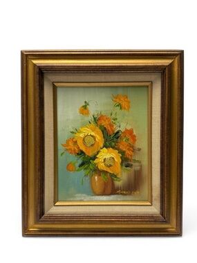 Vintage Original Signed Still Life Orange Flowers in Pitcher Painting Framed